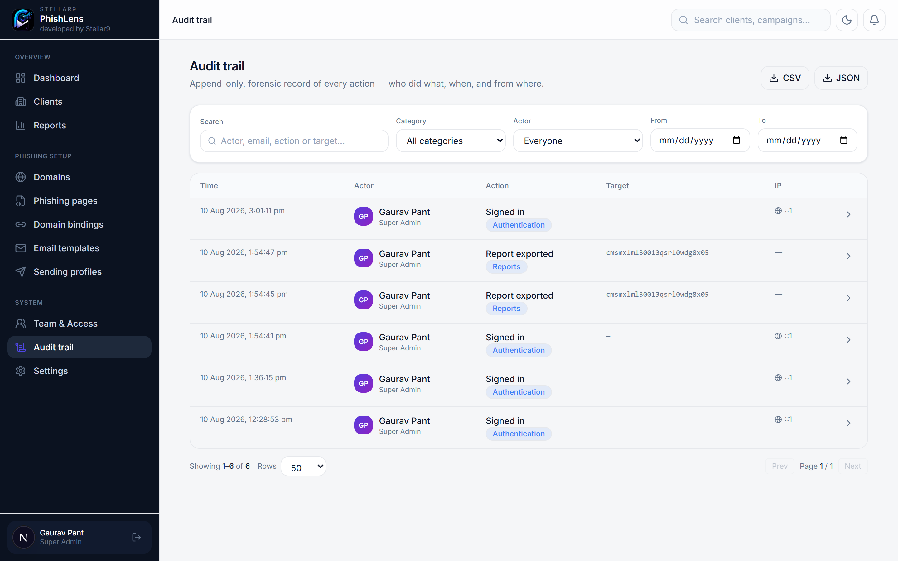 Forensic audit trail — append-only action log